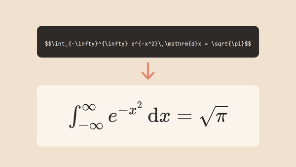 LaTeX-Quelltext des Gauß-Integrals und darunter dieselbe Formel, gesetzt mit KaTeX.
